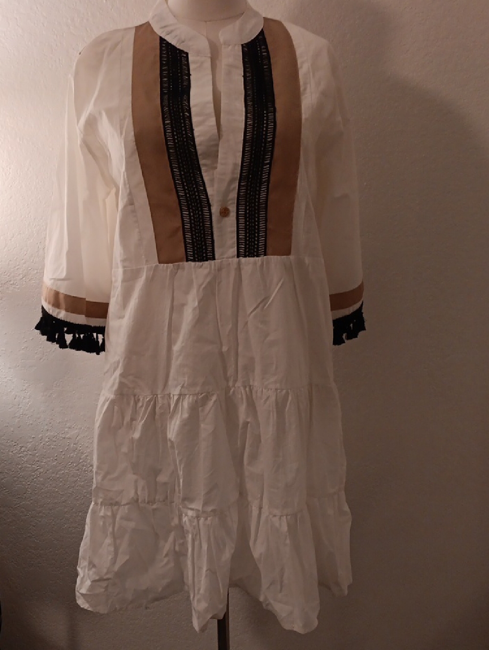 CBR White Tiered Midi Dress with Tan Panels and Black Trim